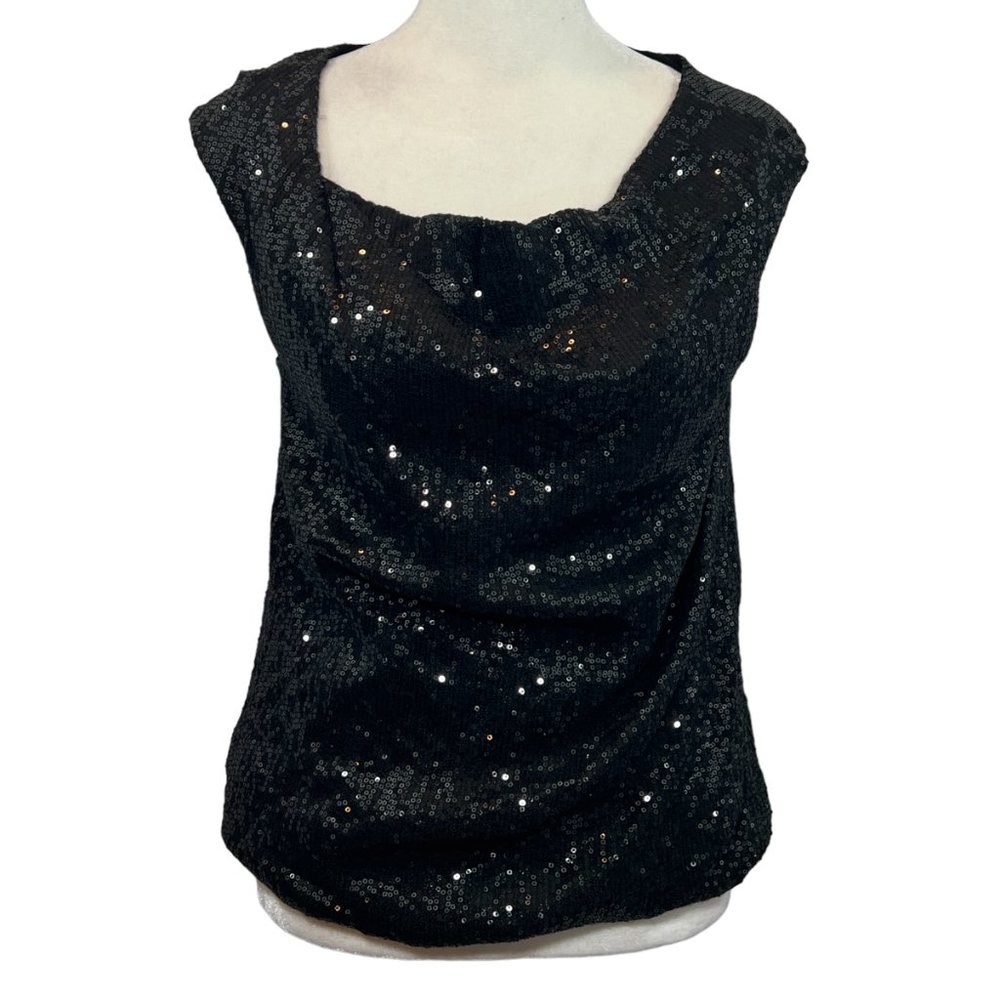 M.S.S.P. Max Studio Specialty Products Black Cap Sleeve Sequin Stretch T…